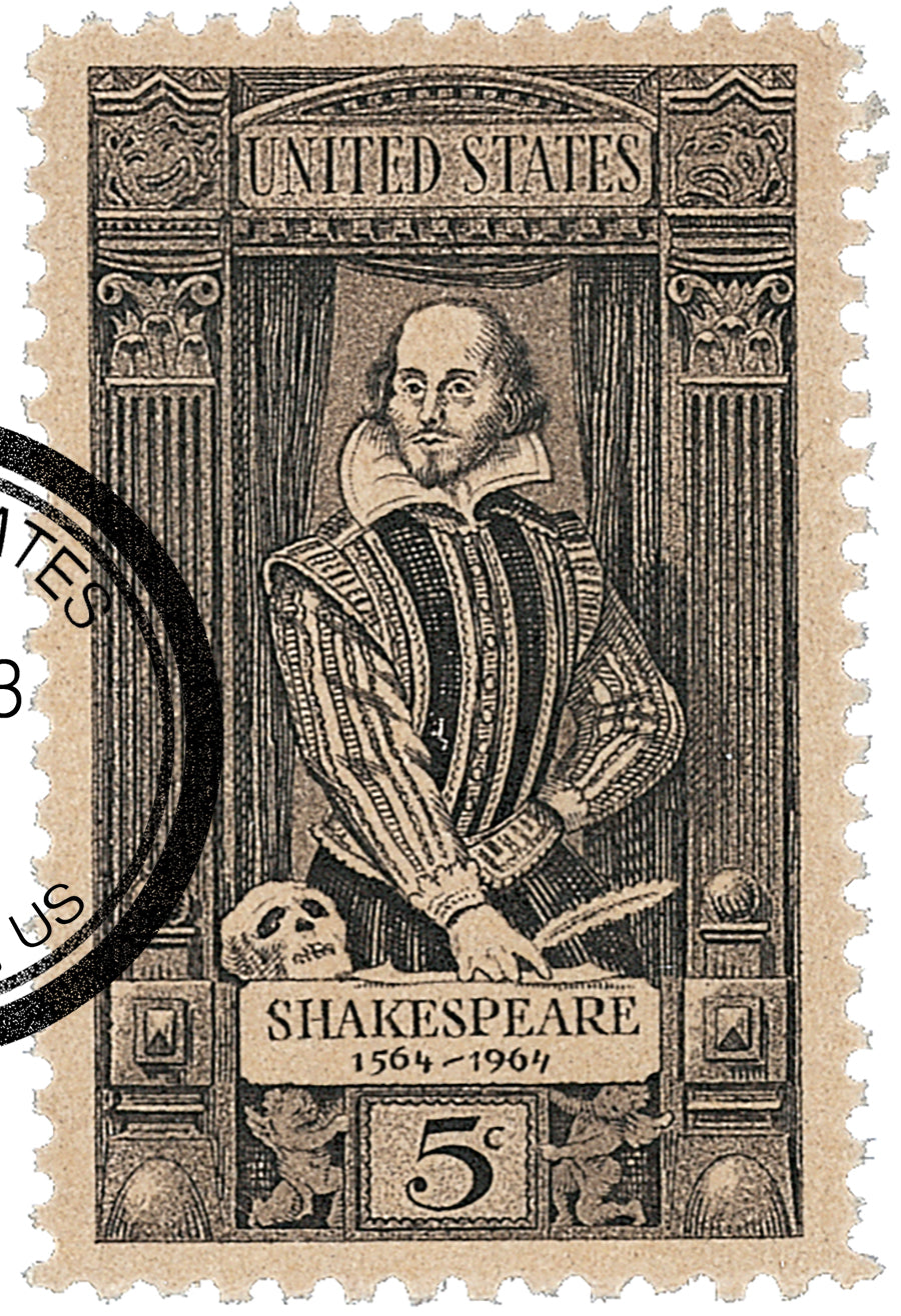 Vintage stamp glitter matchbox magnet: 1964 Wm. Shakespeare 5 cent stamp