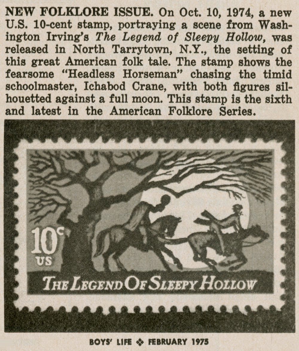 Vintage stamp glitter matchbox magnet: 1974 Sleepy Hollow 10¢ stamp