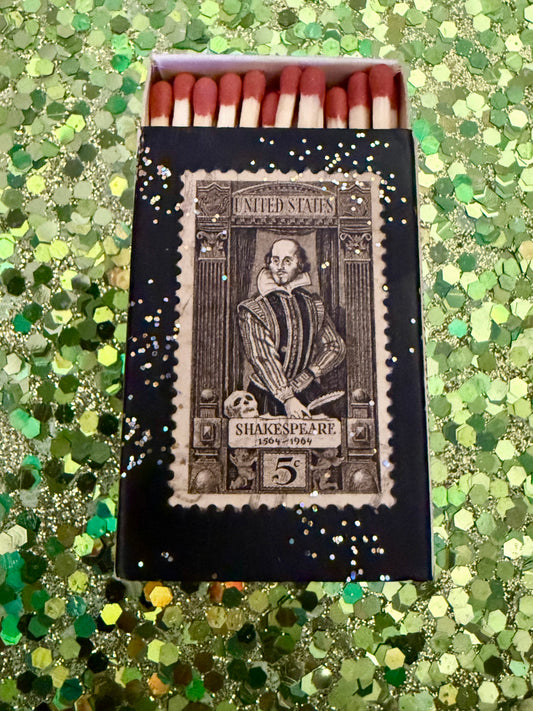 Vintage stamp glitter matchbox magnet: 1964 Wm. Shakespeare 5 cent stamp