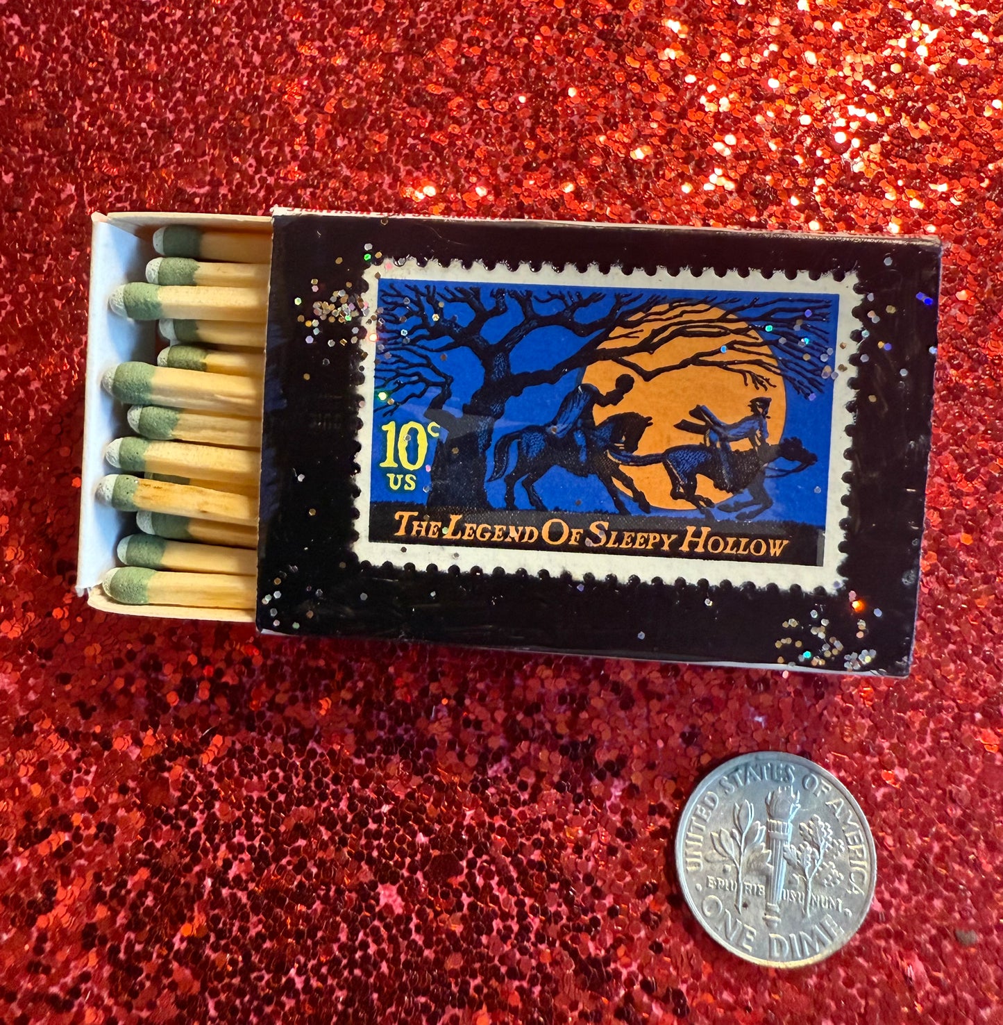 Vintage stamp glitter matchbox magnet: 1974 Sleepy Hollow 10¢ stamp