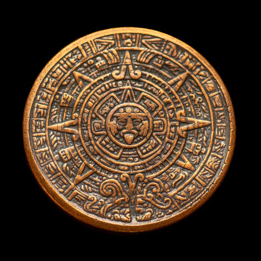 AZTEC SUN STONE CALENDAR - COPPER WORRY COIN