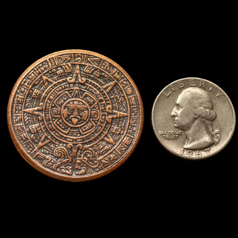 AZTEC SUN STONE CALENDAR - COPPER WORRY COIN